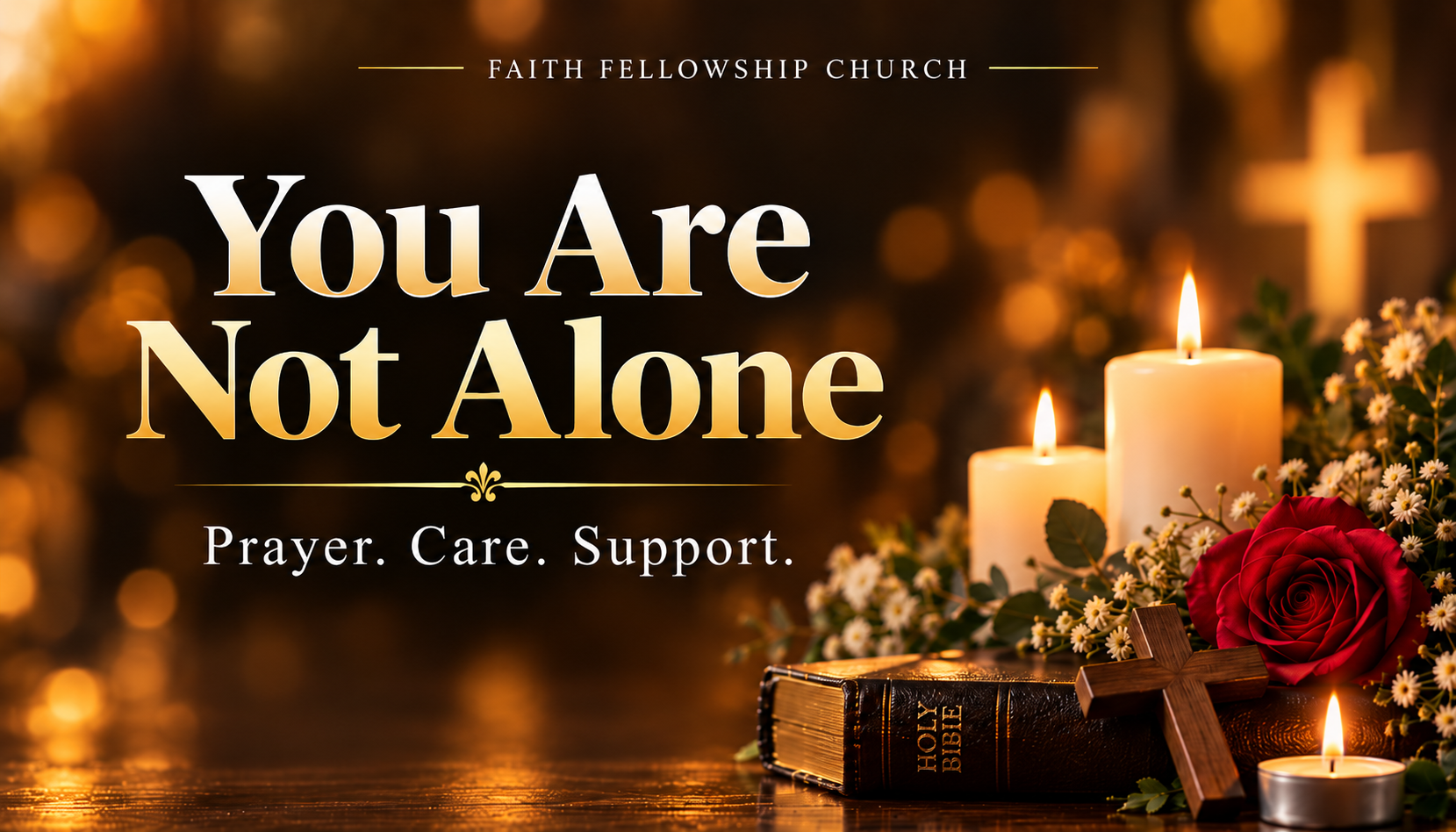 You Are Not Alone: Prayer. Care. Support. Faith Fellowship Church graphic with candles, a Bible, and a cross.