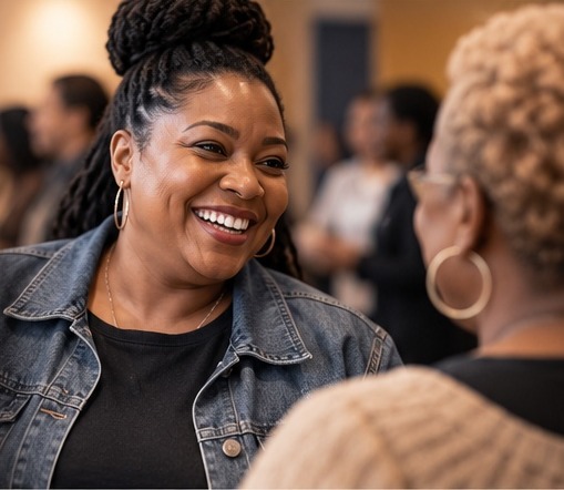 Smiling church member in conversation at Faith Fellowship
