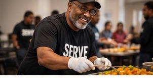 Volunteer serving a meal