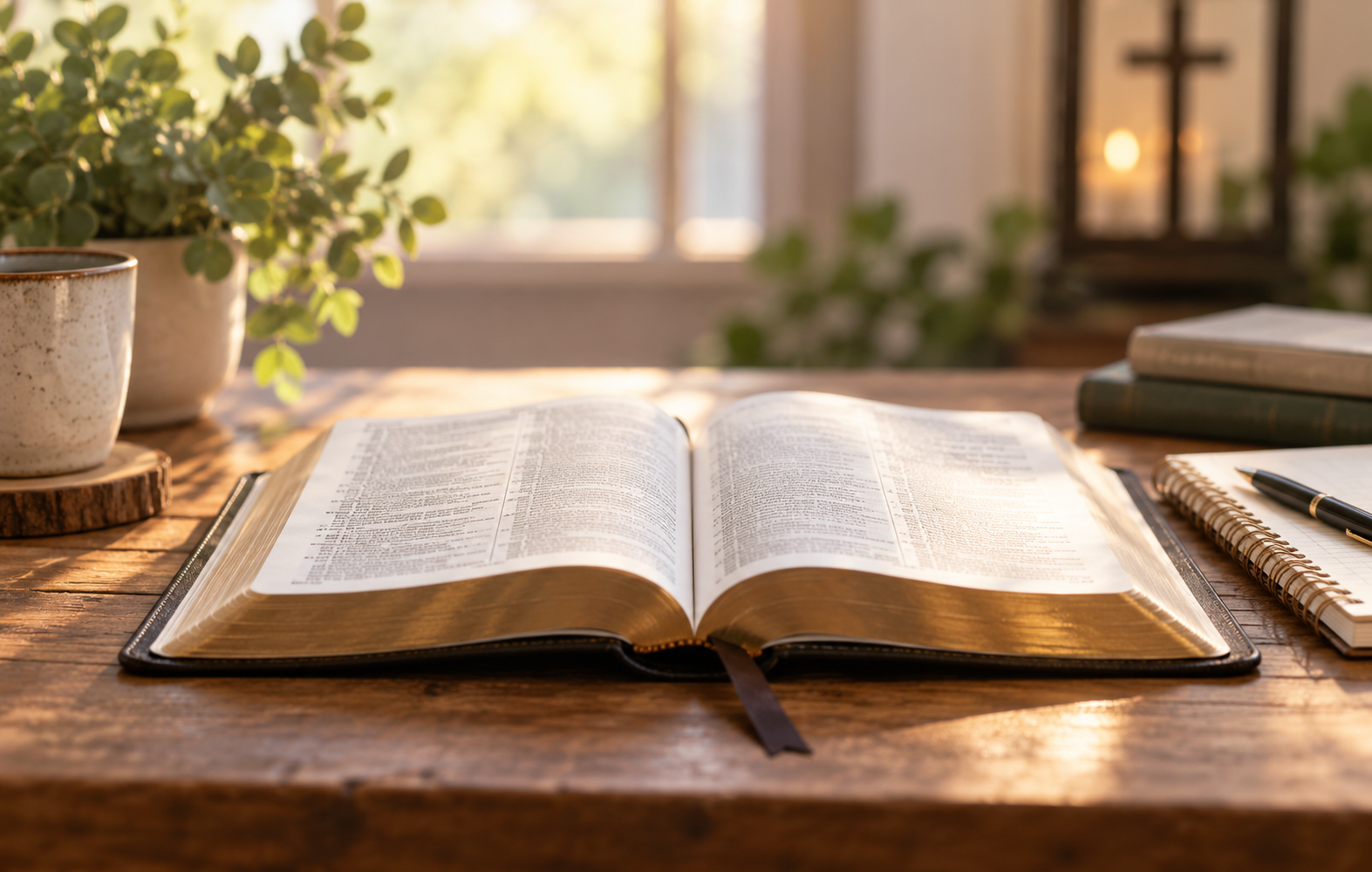 Open Bible on a wooden table in warm light, with a coffee mug, notebook and pen