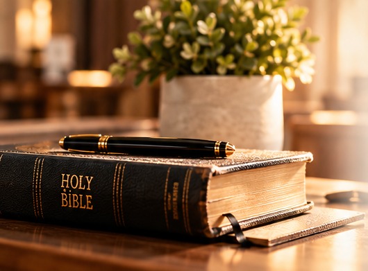 An open Bible, pen, and plant on a church table