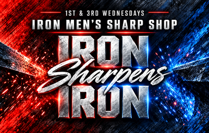 Iron Men's Sharp Shop artwork with Iron Sharpens Iron over sparks
