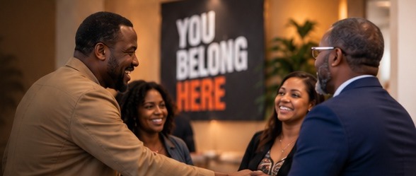 Church members greeting one another beneath a You Belong Here sign