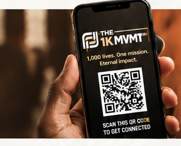 A phone displaying the 1KMVMT flyer and its connection code