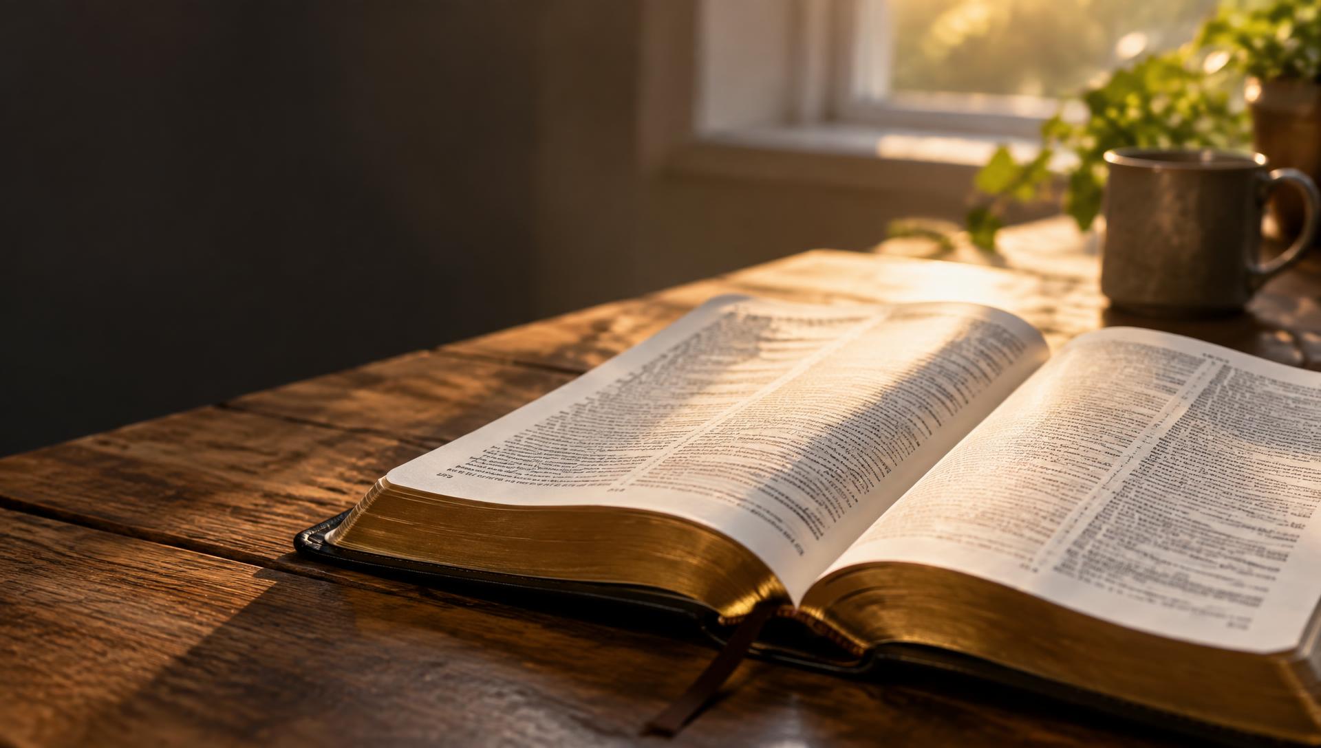 An open Bible resting on a wooden table