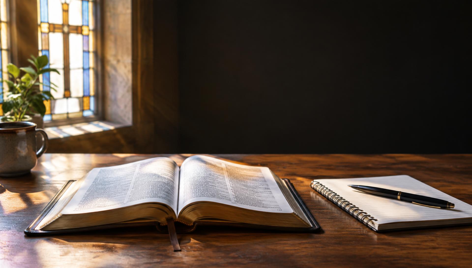 An open Bible on a wooden table